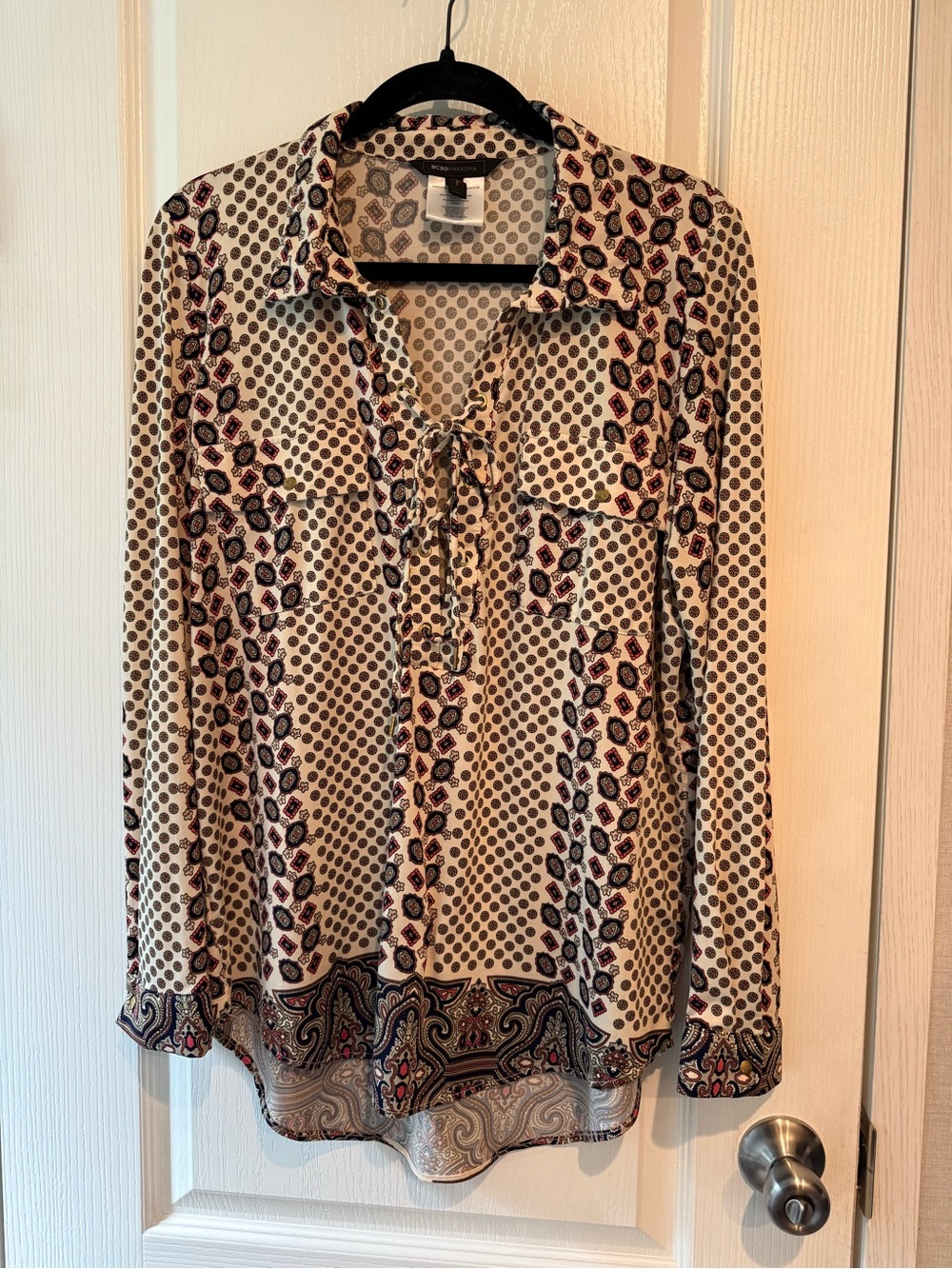 BCBGMaxAzria Cream Printed Tie-Front Blouse with Paisley Trim